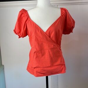 Cute Coral Peasant Crossover Wrap Pinup Powder Puff Sleeve Milkmaid Top